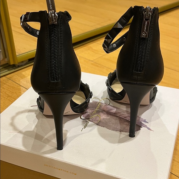 Jessica Simpson Black Studded Pointed Toe Ankle Strap Heels - Picture 3 of 6